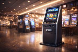 Physical gaming kiosk used by businesses for customer engagement